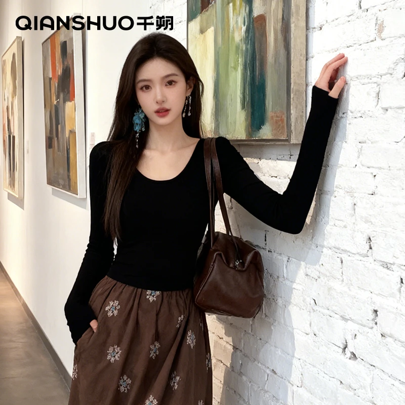 千朔长袖磨毛圆U领修身型女抗起球T恤法式设计感高腰秋冬打底衫