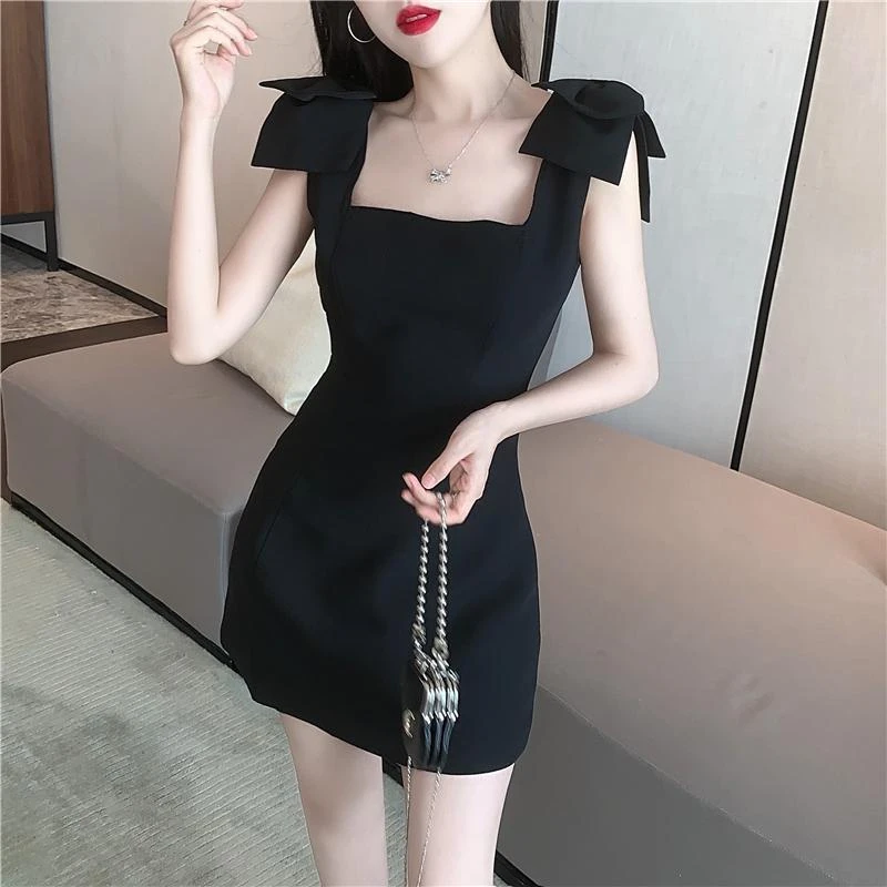 蝴蝶结吊带黑色连衣裙潮百搭春夏无袖法式收腰女神气质小礼服裙子