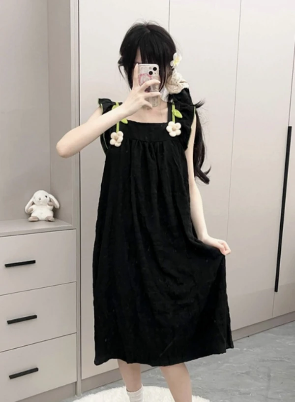 2025新款爆款睡裙女夏季吊带带胸垫黑色小清新可外穿家居服睡衣