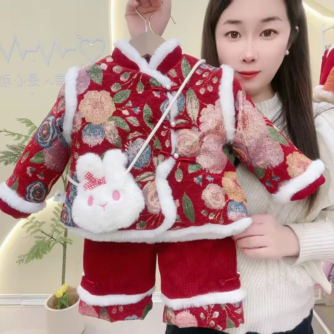 【艺小微】女童冬装加绒加厚两件套洋气宝宝拜年服新年衣服