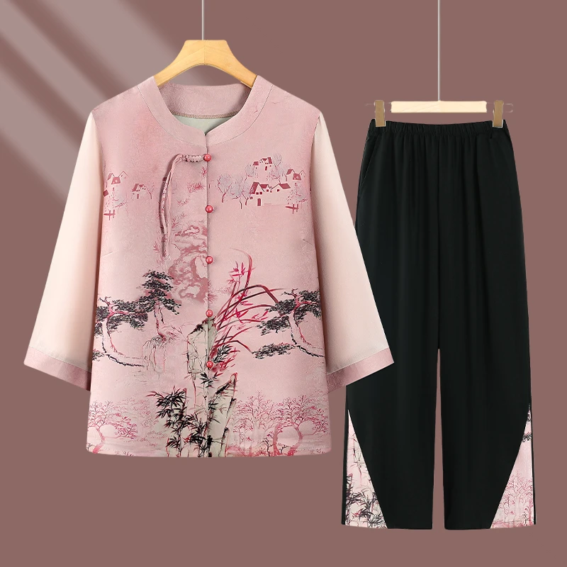 奶奶夏装套装七分袖衬衫中老年人女装夏季薄款两件套妈妈国风套装