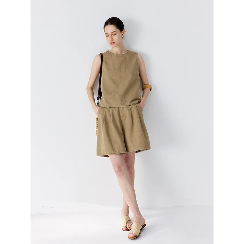 CHALAMON/夏拉蒙简约松弛透气棉麻套装女无袖上衣宽松短裤两件套