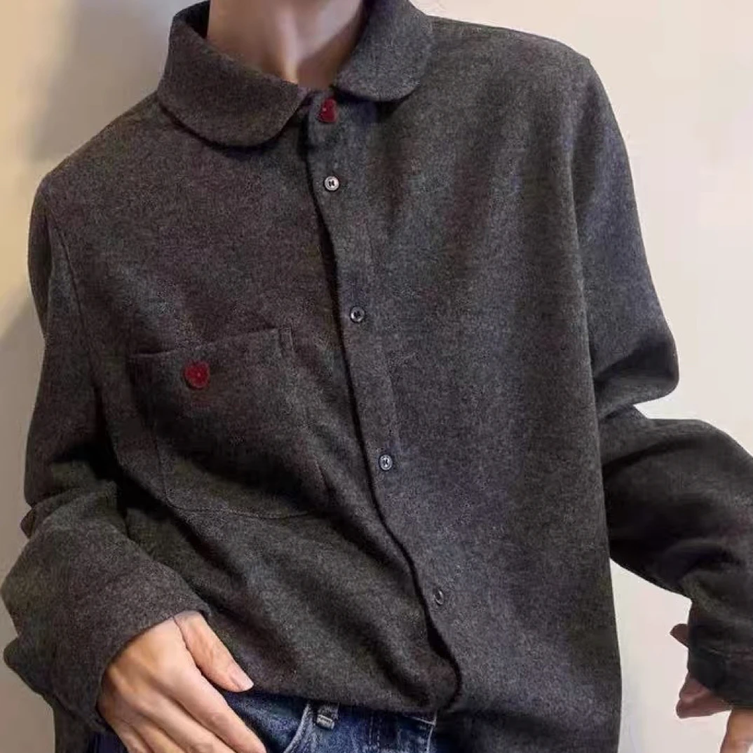 冬季新款韩系爱心扣百搭气质小圆领衬衫