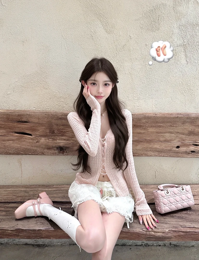 【恋爱响铃】秋季新款镂空绑带叠穿针织衫+蕾丝胸衣配花边半身裙裤