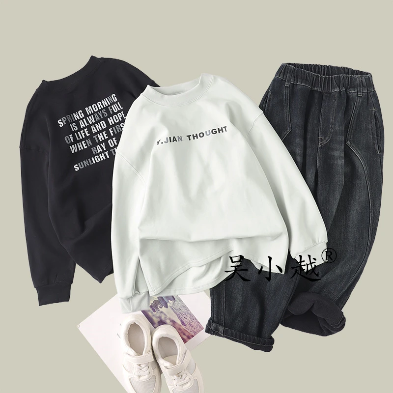 吴小越w1684男童中大童打底衫秋冬款韩版亲子装数码印花云朵绒t恤