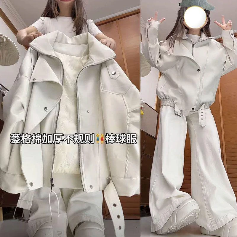 不规则秋冬夹棉独特重工机车褶皱保暖加厚外套女2025高级棒球服潮