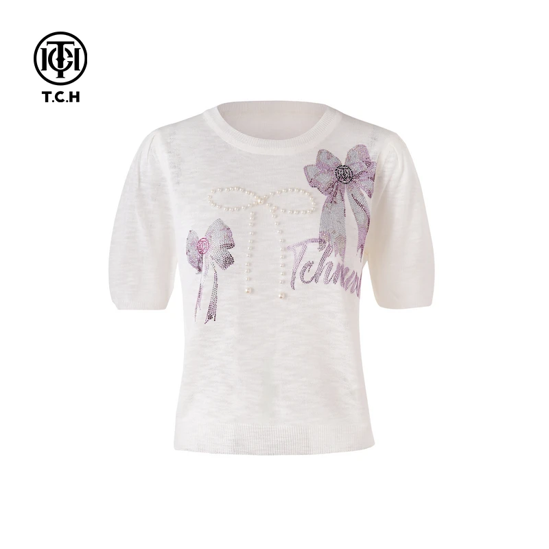 私服-TCH新款2025烫钻蝴蝶结针织T恤T75A09E5090
