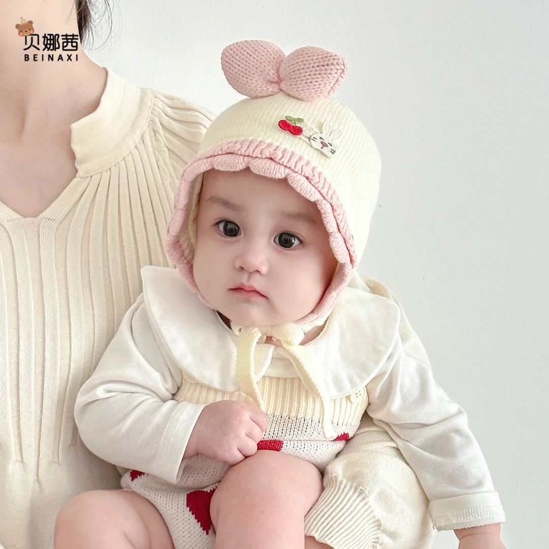 Beinaqian/贝娜茜婴儿帽子秋冬宝宝女毛线帽婴幼儿冬季外出护耳帽