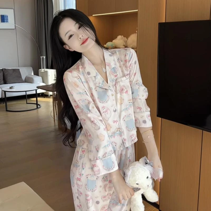 新款冰雪丝睡衣女冰丝短款显瘦春秋季长袖大码家居服套装ins可爱