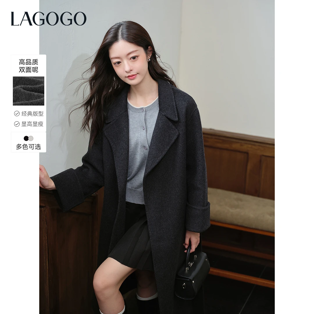 【达人专享】LAGOGO泰晤士lady长款双面呢大衣女拉谷谷OCDD239WQ7
