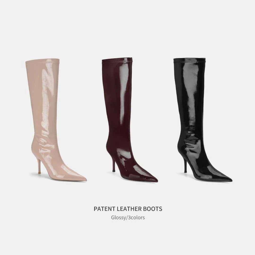 Cihi'Hushnow' 高密原色漆皮 防水尖头细跟短靴