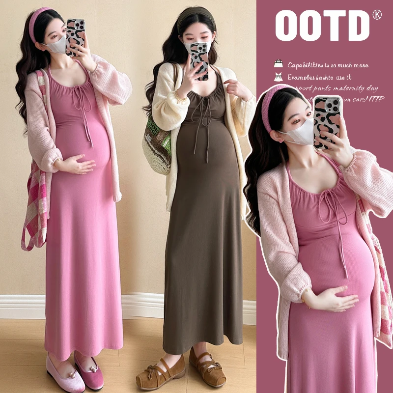 孕妇套装春装新款时尚韩版气质泡泡袖针织开衫显瘦辣妈挂脖吊带裙