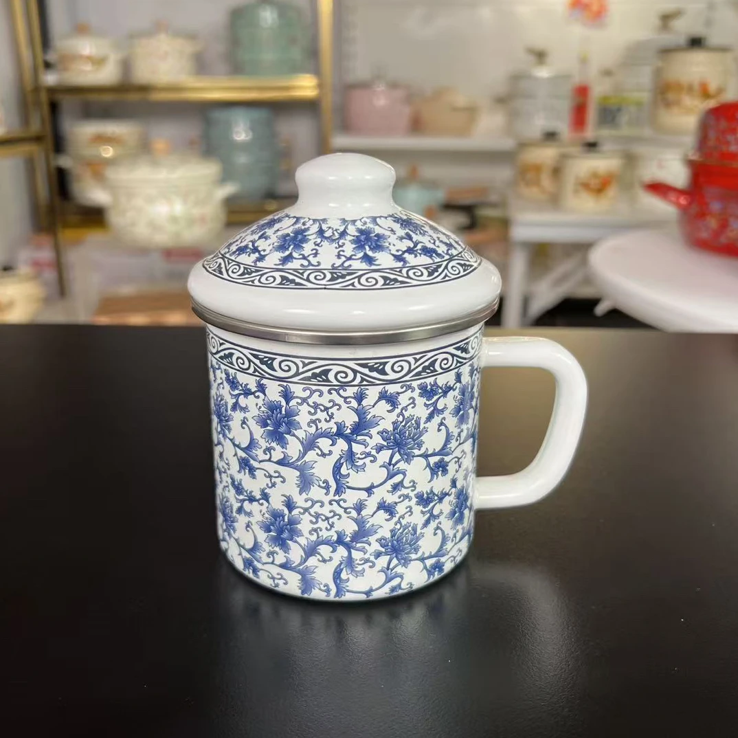 9cm珐琅搪瓷青之莲花包边特厚水杯