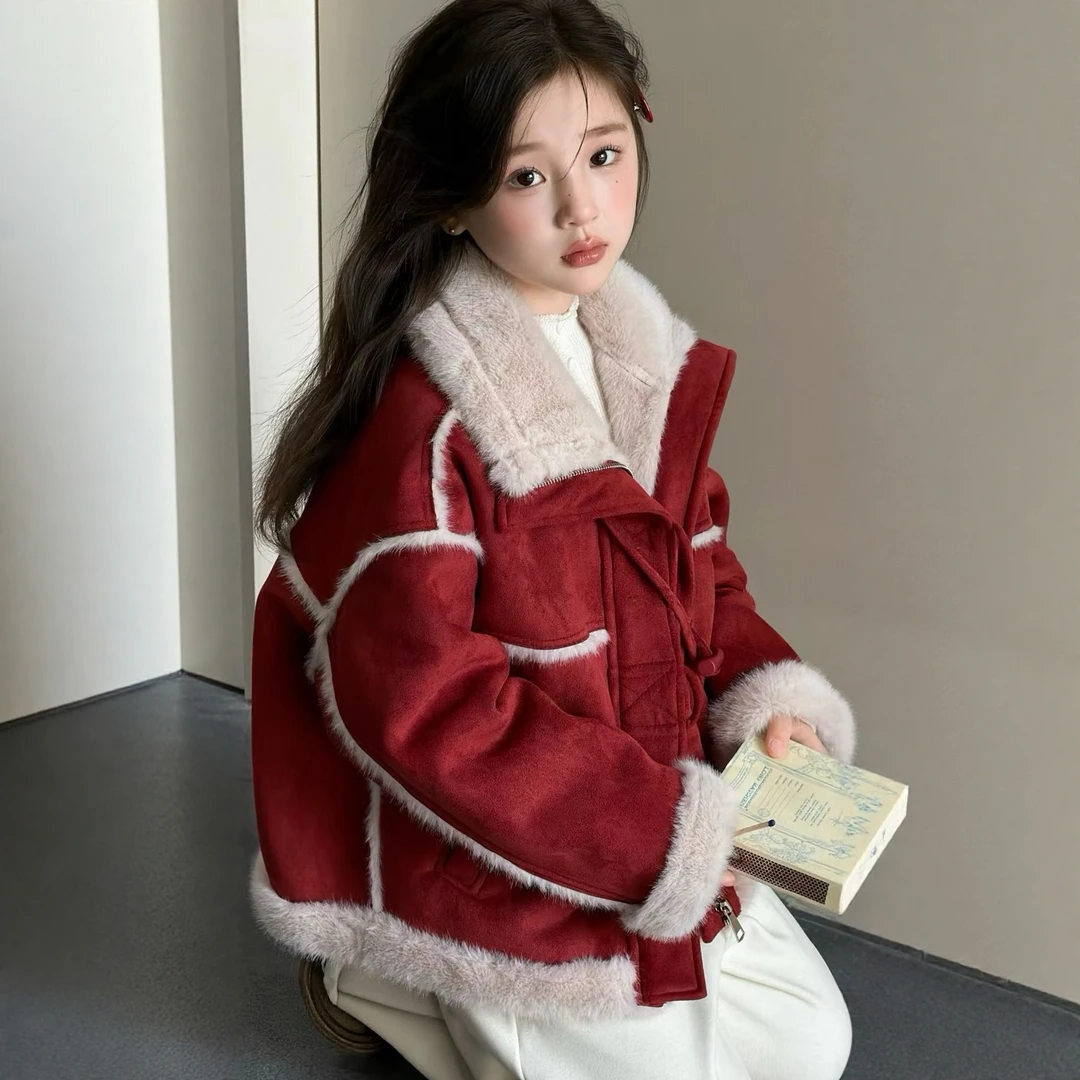 品牌女童外套秋冬2025新款洋气儿童秋装红色一体厚外大衣宝宝大童