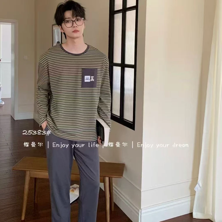 【欢姐精选】碟曼尔男款条纹长袖家居服百搭圆领休闲秋季