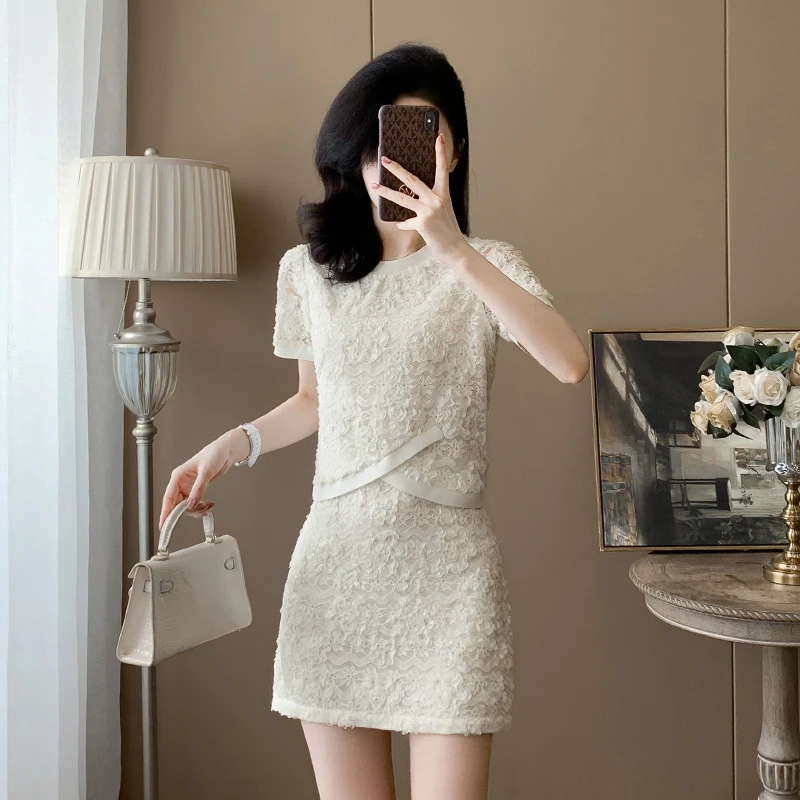 新款法式千金风休闲风时尚套装夏季小香风裙子收腰修身时尚短袖