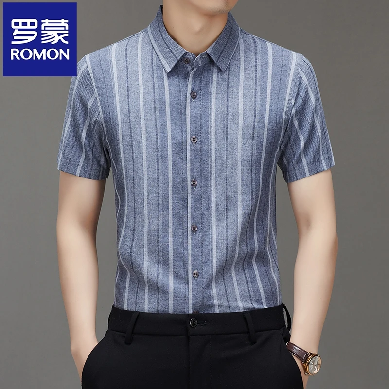罗蒙2025新款高档男含棉短袖衬衫时尚简约t恤休闲中青年百搭衬衣