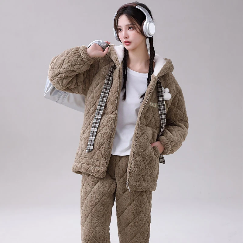 冬季睡衣女夹棉睡衣2024新款加绒加厚连帽珊瑚绒女士家居服套装