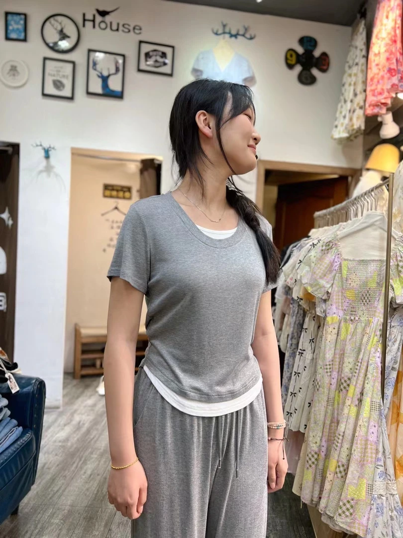 春季新款棉质运动套装女短袖长裤假两件9968