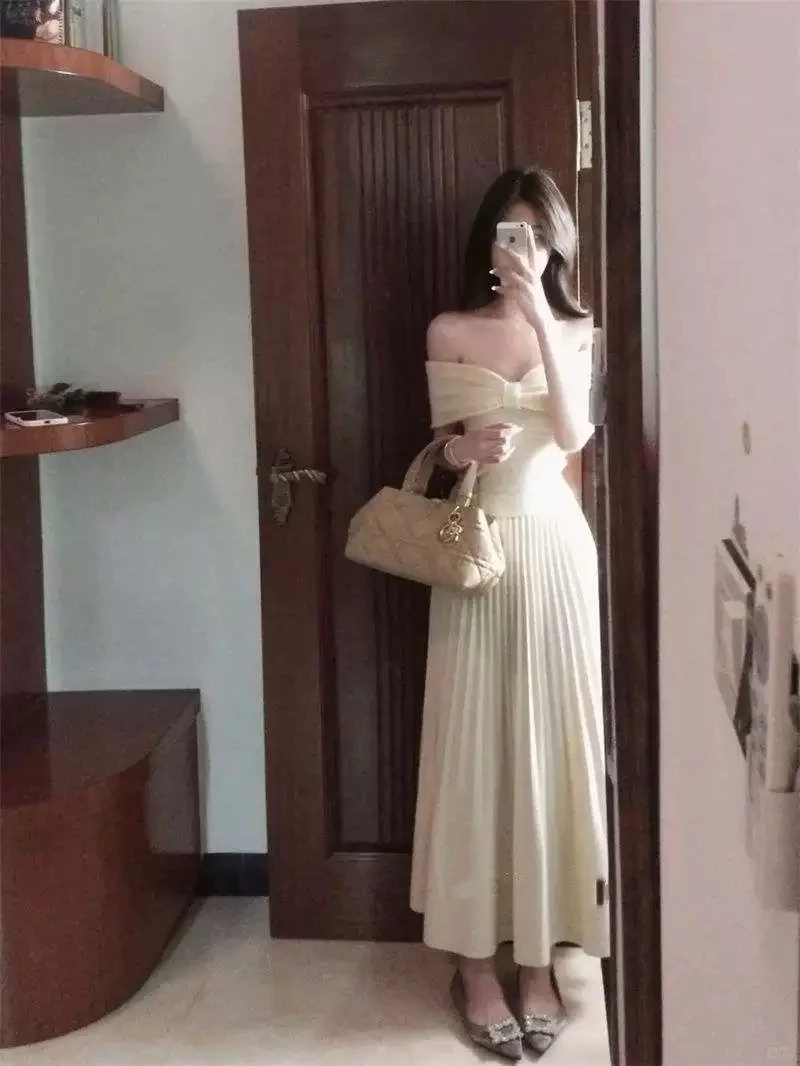 法式气质温柔风氛围感一字肩蝴蝶结短袖针织t恤修身显瘦纯欲上衣