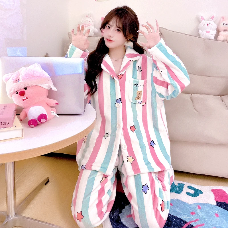 022星星秋冬睡衣女士可外穿加厚家居服套装冬季新款保暖长袖