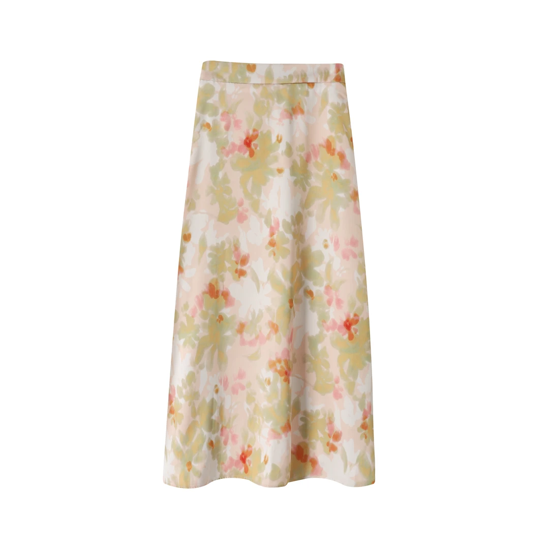 法式复古田园风黄色碎花半身裙女2025夏季新款百搭撞色中长裙