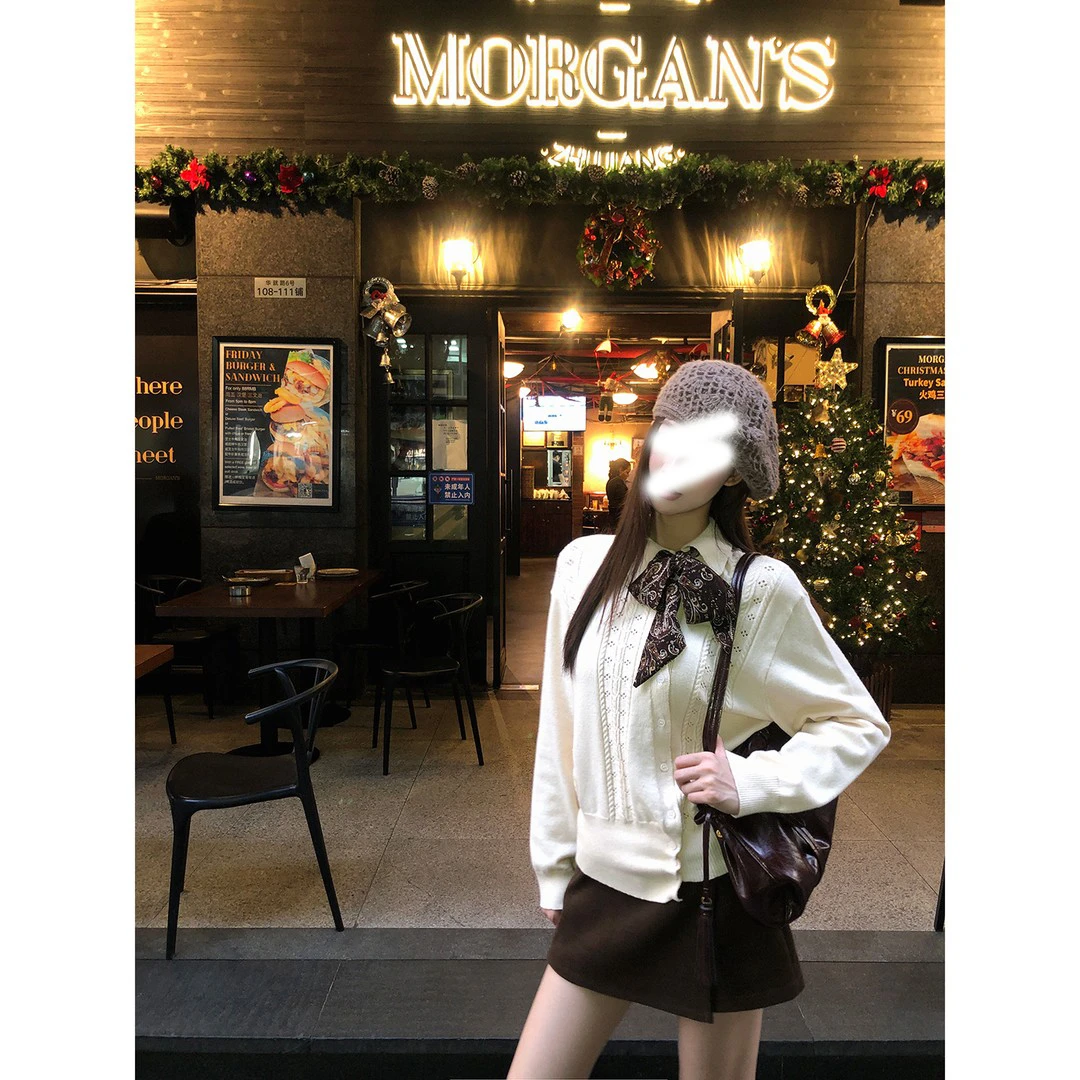 【斐丽轩针织衫】冬季韩系蝴蝶结碎花系带短款针织衫HJ88272