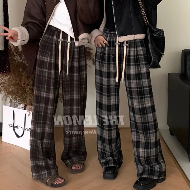 孕妇格子裤女春秋款外穿新款复古休闲毛呢阔腿裤春季直筒长裤秋冬