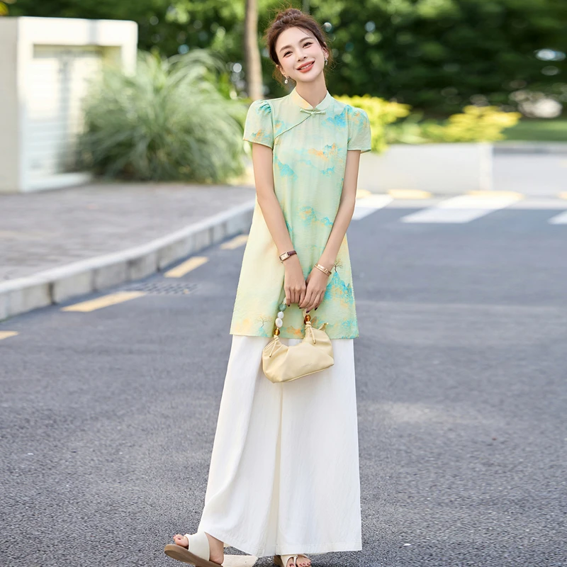 新中式印花盘扣旗袍上衣阔腿裤两件套女2025夏新款爆款巨好看套装