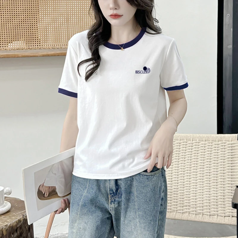 夏季ins品质女装圆领白色短袖t恤女韩版百搭洋气打底减龄小众上衣