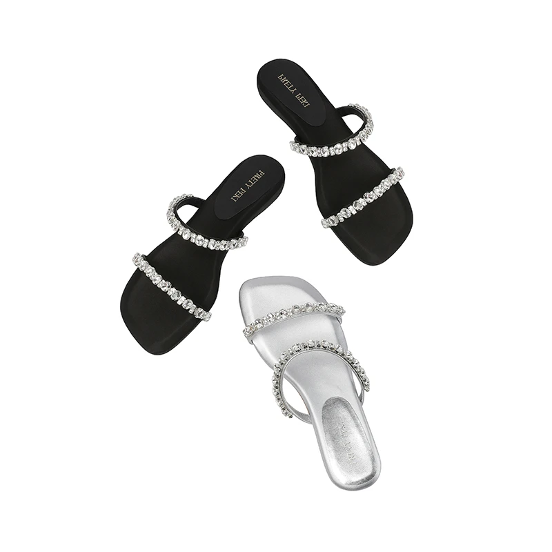 【跟高2cm】2025年夏季新款水钻方头低跟平跟百搭气质时尚外穿