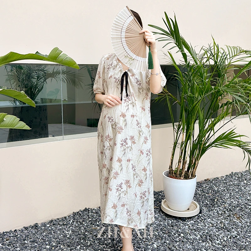 ZH&AH【恋恋生花】夏季新款时尚气质百搭人棉亚麻孕期新中式连衣裙