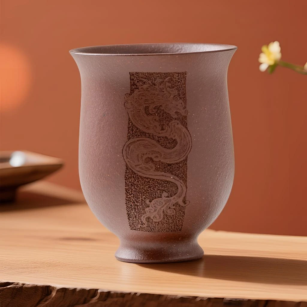 木隐砂堂 主人杯 阴阳刻绘 龙/白菜 80cc 紫泥 紫砂杯 茶器