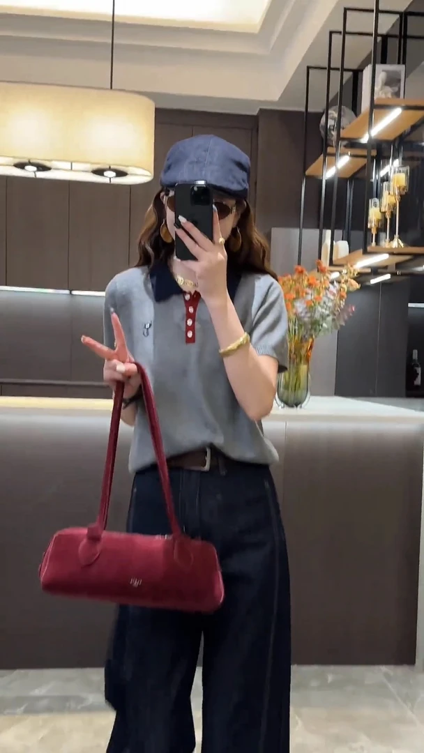 6669#洋气减龄针织polo衫女士春夏设计感拼接撞色翻领短袖T恤上衣