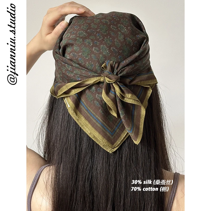 复古油画感桑蚕丝小方巾女春夏新款时尚文艺百搭轻薄装饰领巾头巾