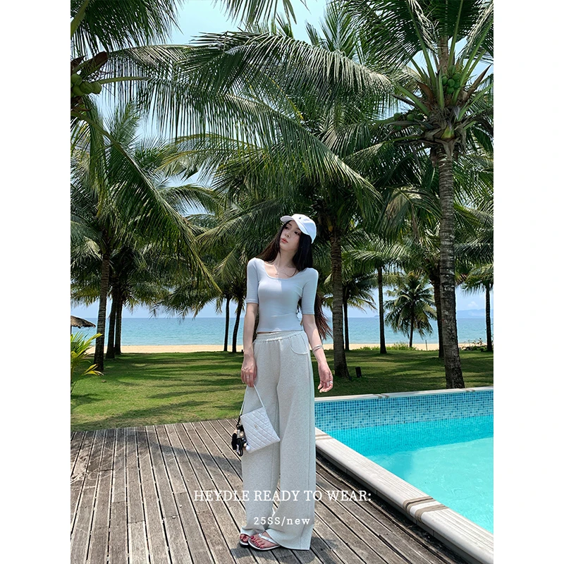 黑豆哼哼 日常松弛感*松紧腰直筒休闲裤女夏宽松垂感窄版灰色卫裤