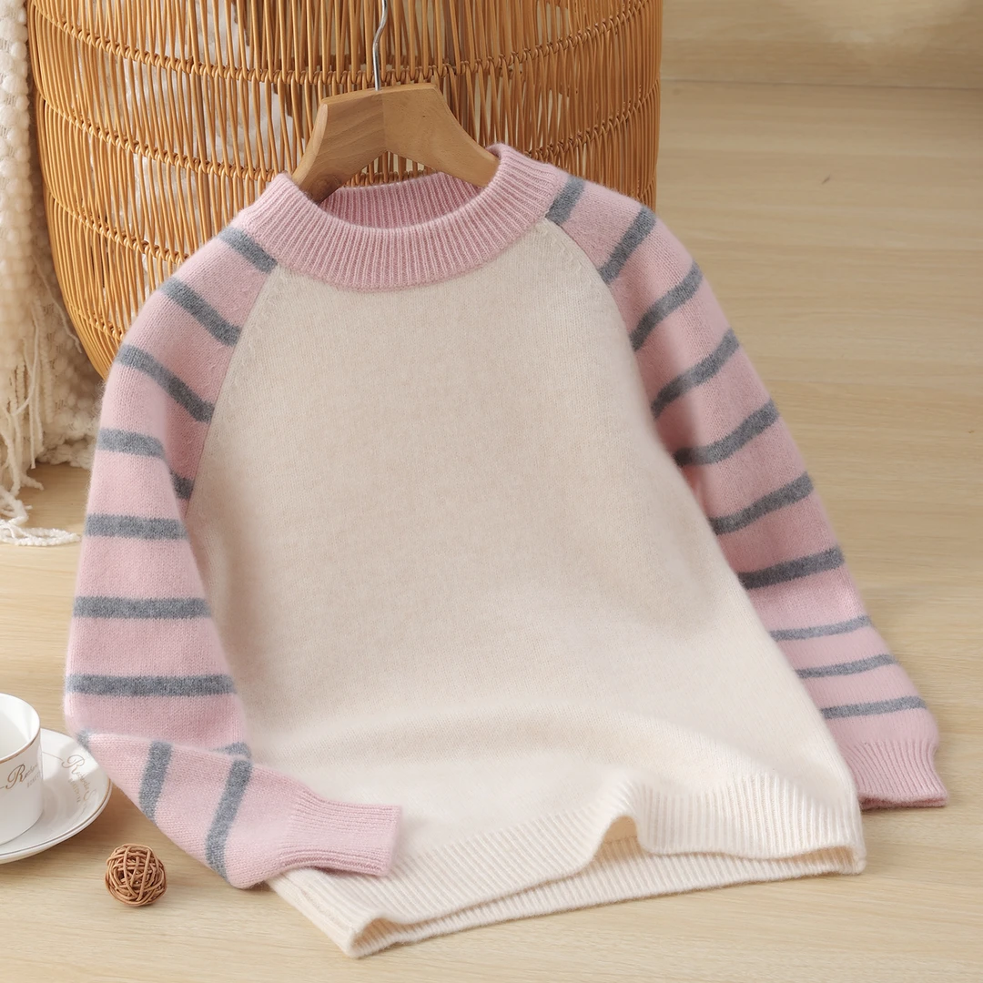 秋冬加厚100%纯羊毛衫男女童半高圆领毛衣韩版条纹打底针织衫