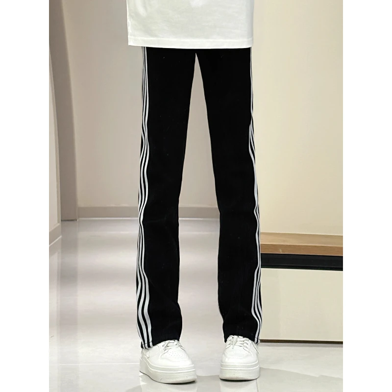 黑色三条杠卫裤男春秋季cleanfit条纹弯刀裤子美式潮牌运动直筒裤