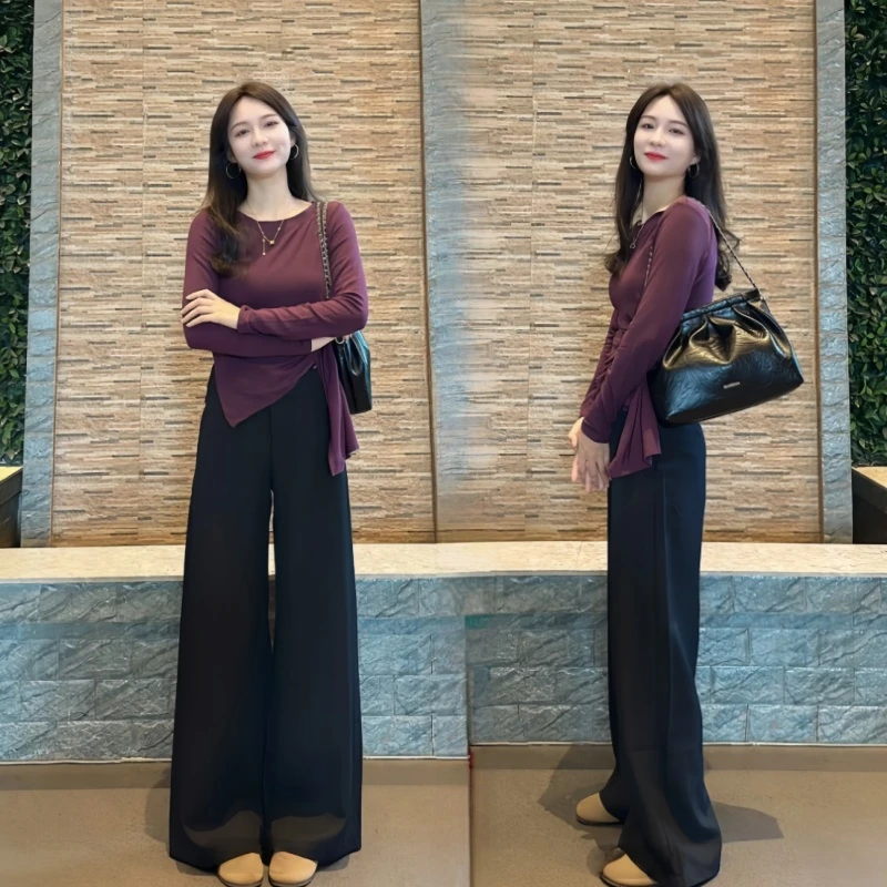 秋季大方得体穿搭一整套女纯欲风不规则上衣遮肉阔腿裤气质两件套