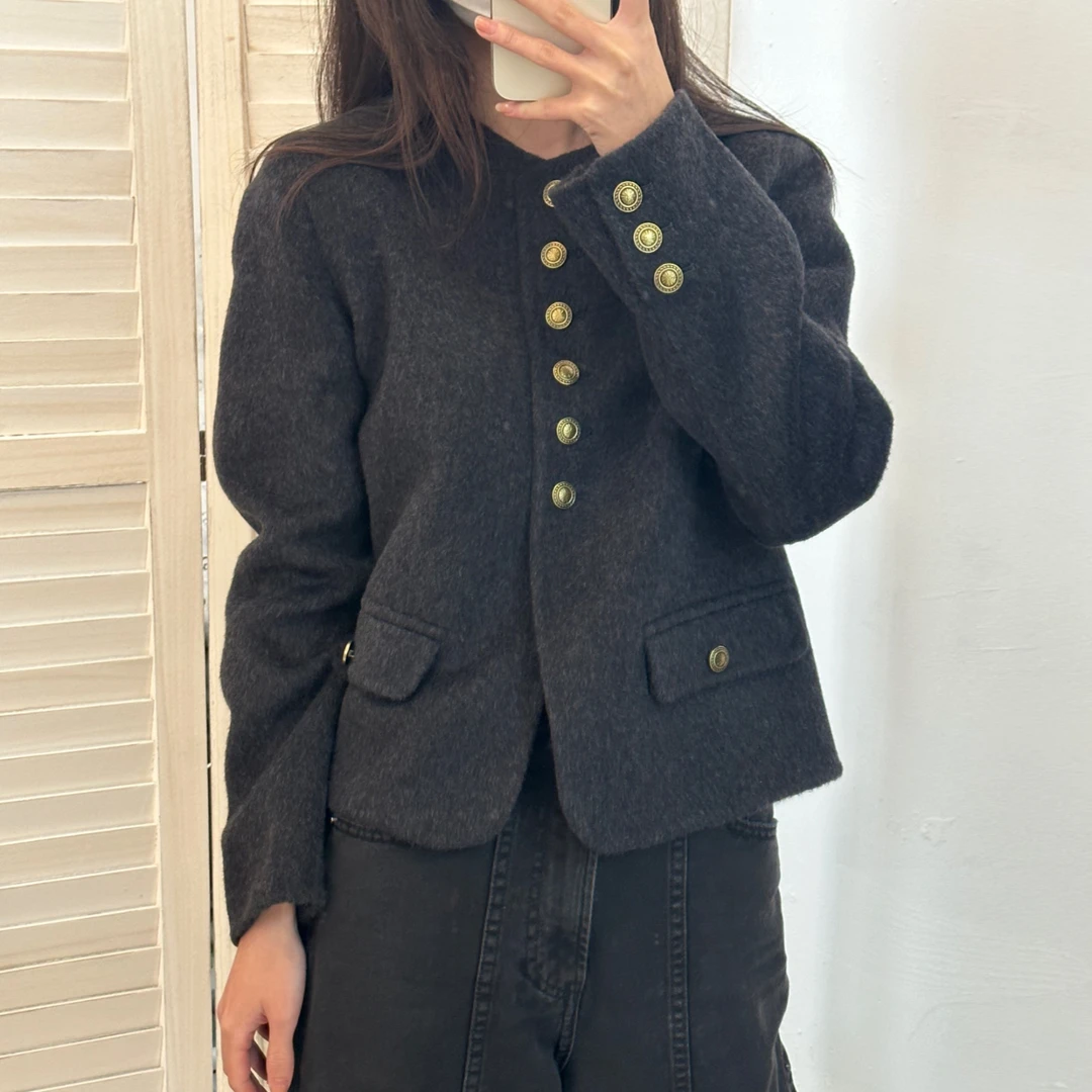 奥顿思兰迪黑灰色双面羊毛短款大衣小香风气质小个子毛呢外套女