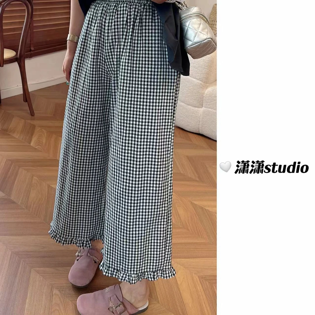 【小格子直筒裤】潇潇自制松紧腰韩系百搭小格子直筒阔腿裤XJ0040