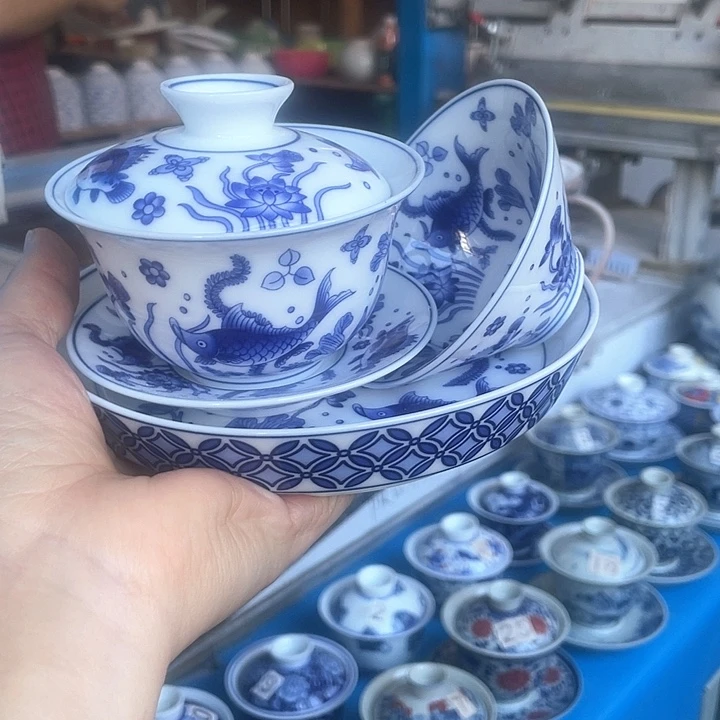 青花釉下彩盖碗杯子壶承