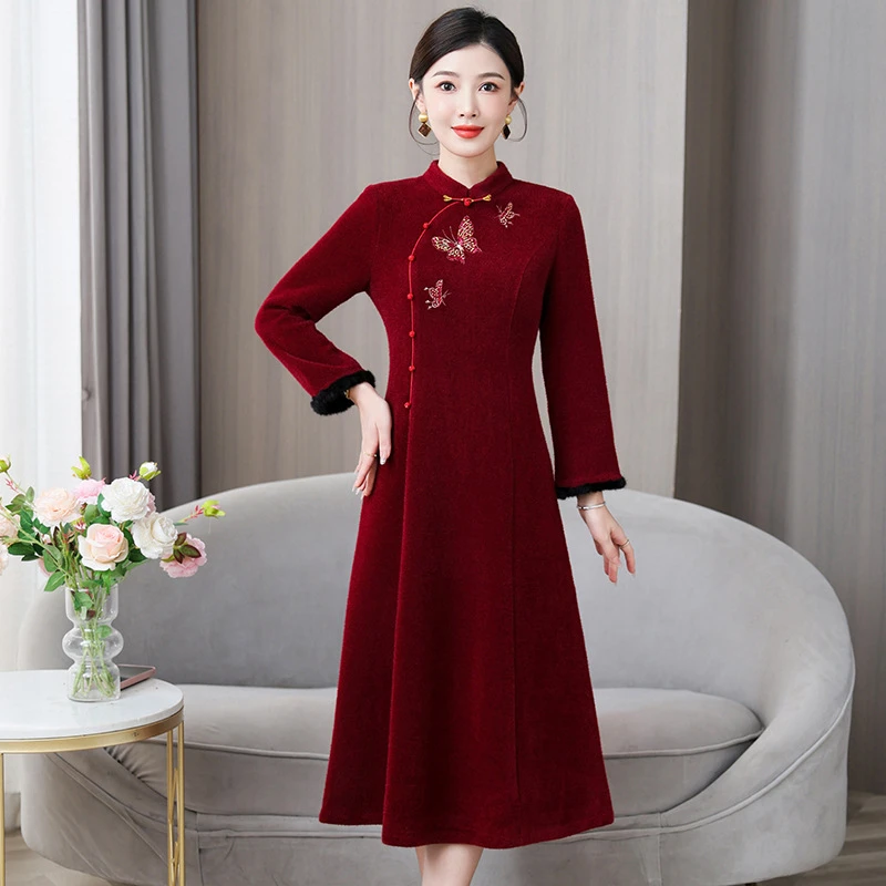 yqwl5689喜婆婆婚宴装敬酒礼服裙2025冬季国风立领改良旗袍连衣裙