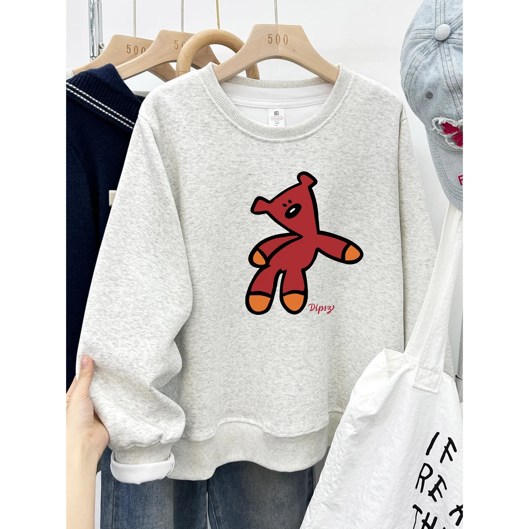 冬季加绒加厚卫衣外套女款2025新款小熊印花宽松大码打底长袖上衣