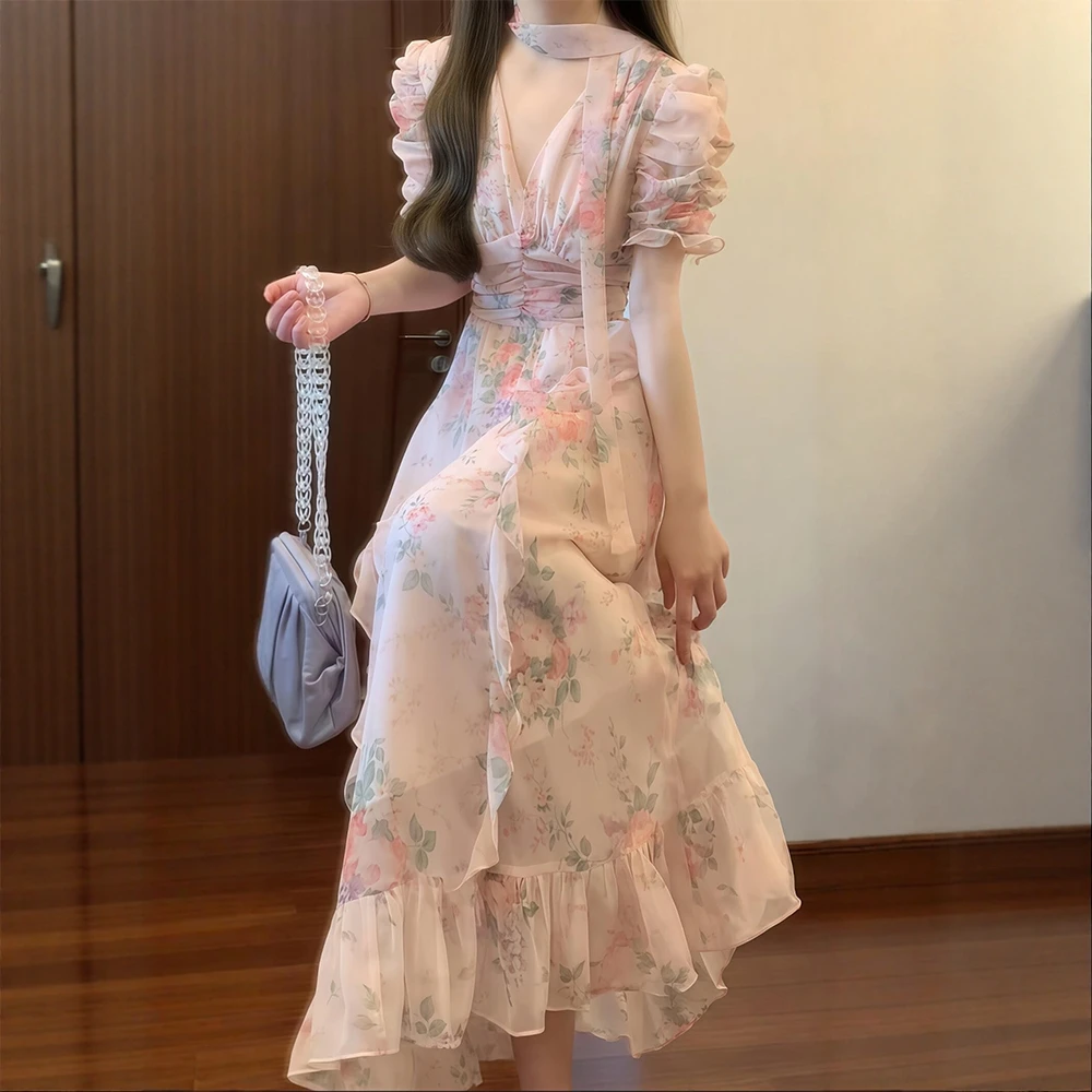 法式温柔风荷叶边v领碎花连衣裙女夏季大码胖mm绝美收腰显瘦长裙