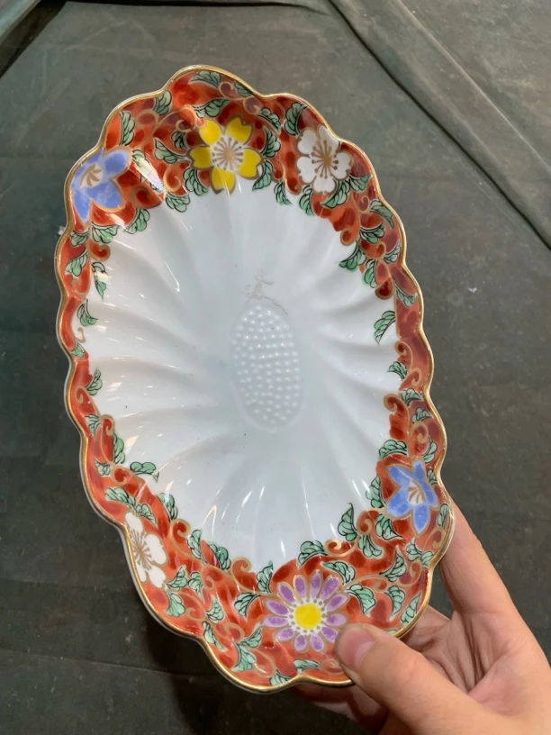 椭圆角质釉描金果盘，中古回流产品默认微瑕完美者慎拍
