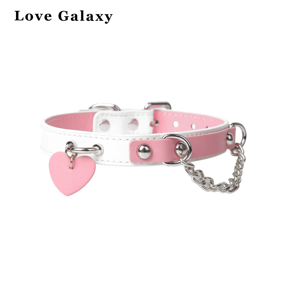 Love Galaxy 粉白撞色真皮choker项圈颈链桃心吊坠