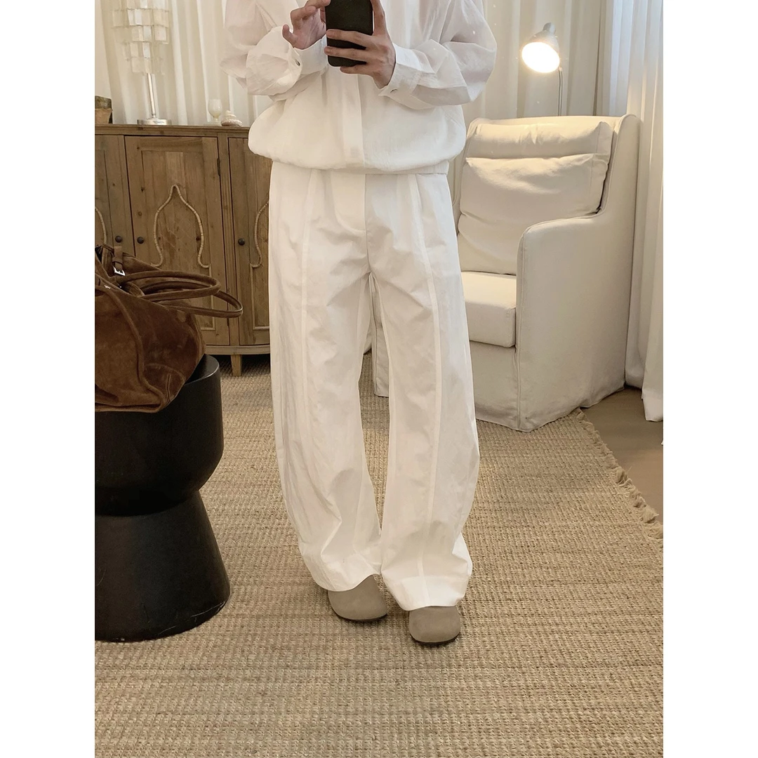 阿茶与阿古白色弯刀裤夏季薄款微透宽松直筒休闲拖地裤子A2505503