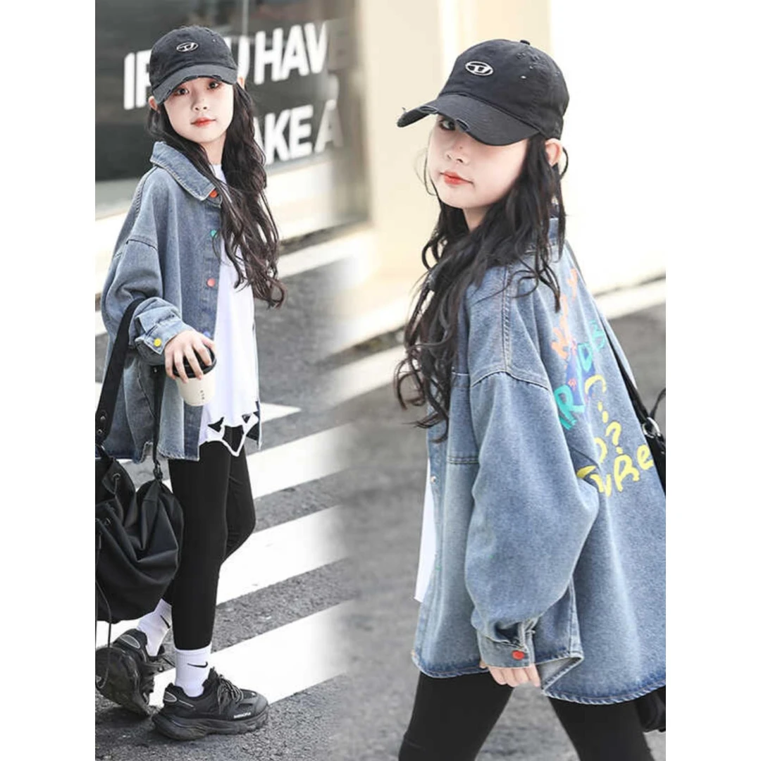 潮走女童牛仔衬衫秋装2025新款儿童洋气百搭潮酷上衣女孩春夏大童