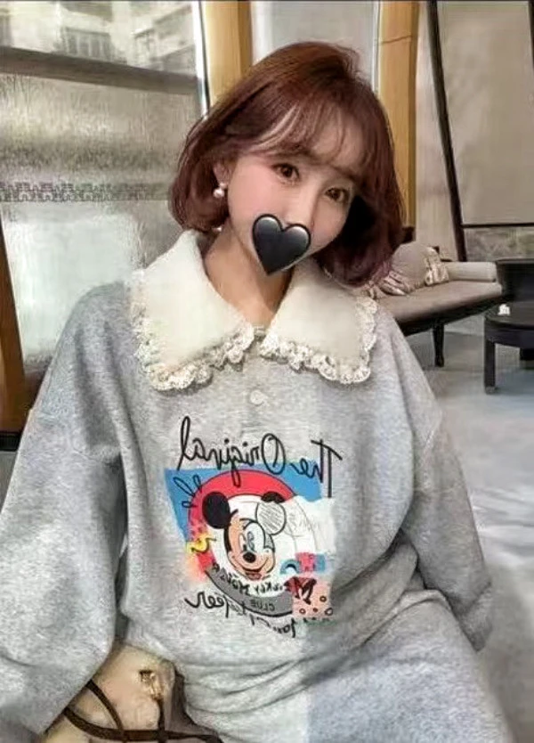 루루가− （翻领米奇）韩国东大门高定套装翻领灰色卫衣加绒套装